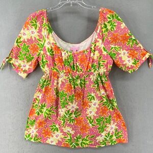 Lilly Pulitzer Shirt Sz 6 Amaya Floral Print Top Tie‎ Sleeve Scoop Neck Babydoll